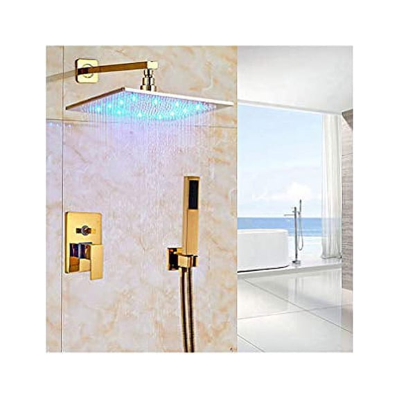 Cascada Luxury Bathroom Shower Set Rainfall LED Shower Head, Double-Function Valve, and Brass Handheld Shower (10", Gold)