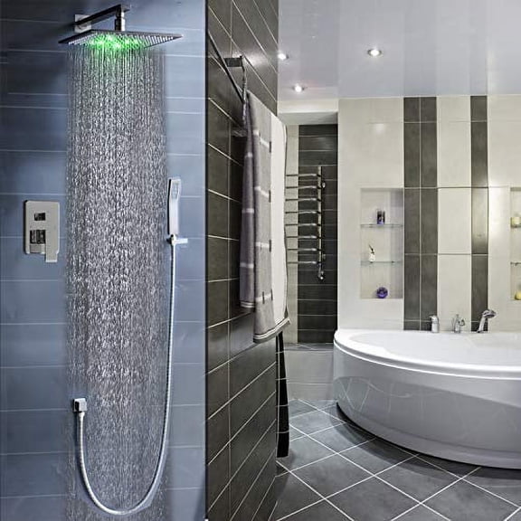 Cascada Luxury Bathroom Shower Set Rainfall LED Shower Head, Double-Function Valve, and Brass Handheld Shower (12", Brushed Nickel)