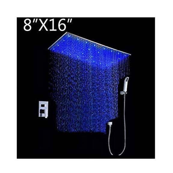 Cascada Luxury Bathroom Shower Set Rainfall LED Shower Head, Double-Function Valve, and Brass Handheld Shower (8"x16", Chrome)