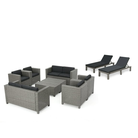 Cascada Outdoor 10 Piece Wicker Patio Set with Cushions, Mixed Black, Dark Grey