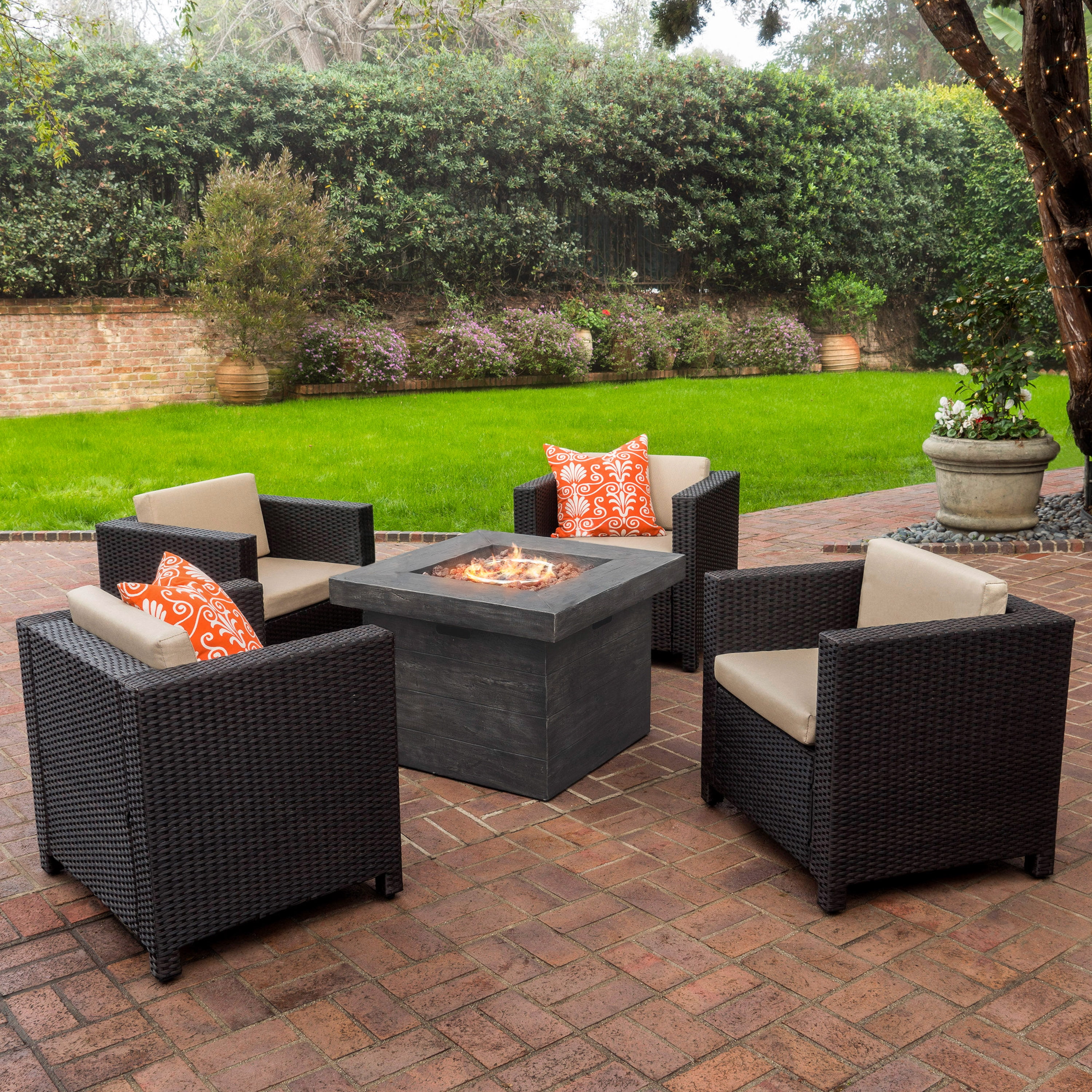Cascada Outdoor 4 Piece Wicker Club Chair Set with Cushions and Grey Firepit, Dark Brown, Beige