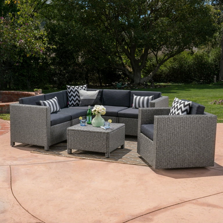 Cascada Outdoor 7 Piece Wicker V Shaped Sofa and Swivel Chair Set with Cushions Grey Mixed Black