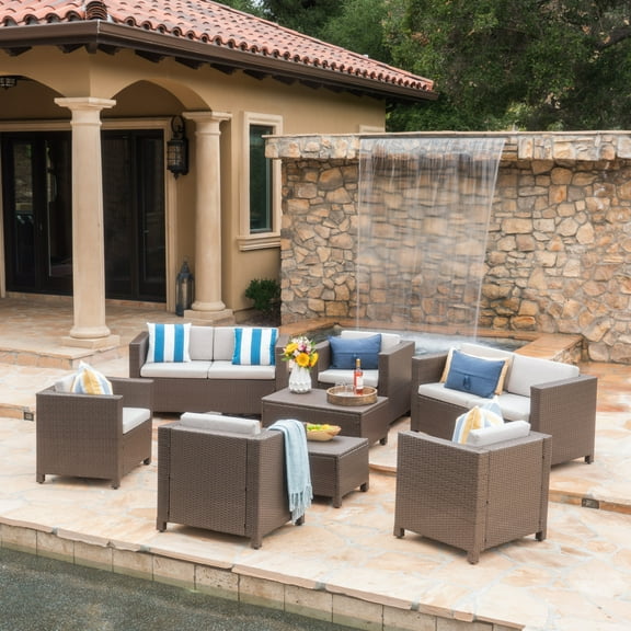 Cascada Outdoor 8 Piece Wicker Chat Set with Cushions, Brown, Ceramic Grey