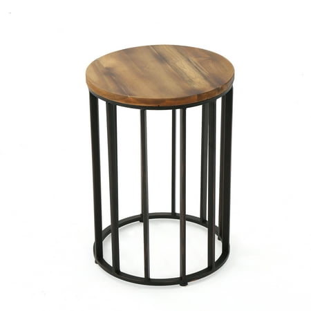 Cascada Outdoor Acacia Wood 15" Accent Table with Antique Finished Iron Accents, Natural Finish