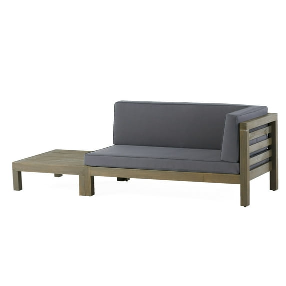 Cascada Outdoor Acacia Wood Right Arm Loveseat and Coffee Table Set with Cushion, Gray and Dark Gray