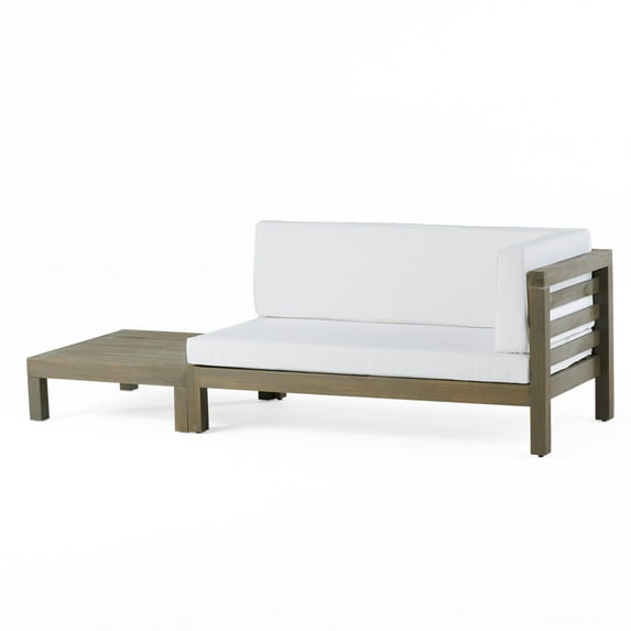 Cascada Outdoor Acacia Wood Right Arm Loveseat and Coffee Table Set with Cushion, Gray and White