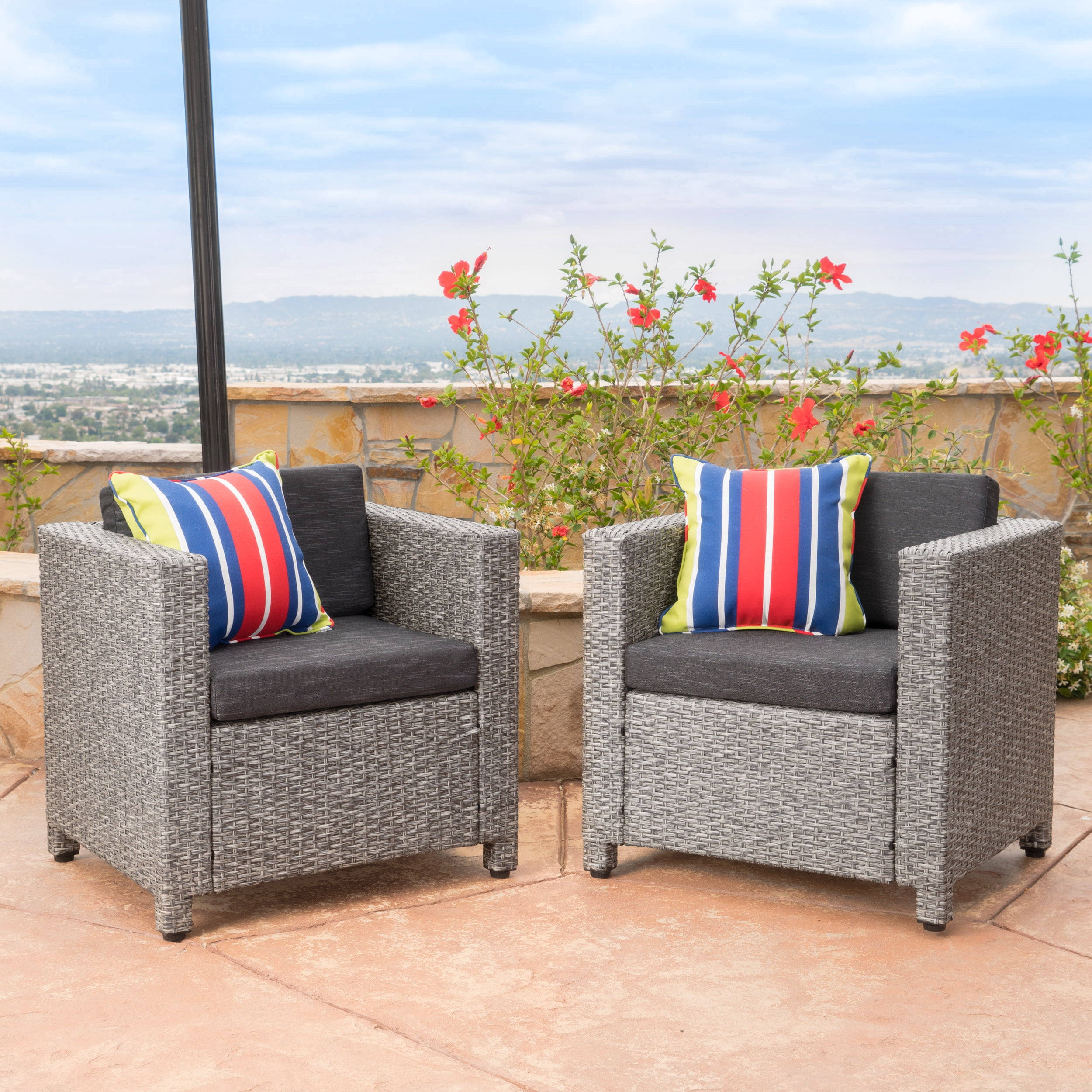 Cascada Outdoor Wicker Club Chair with Cushions, Set of 2, Mixed Black, Dark Grey