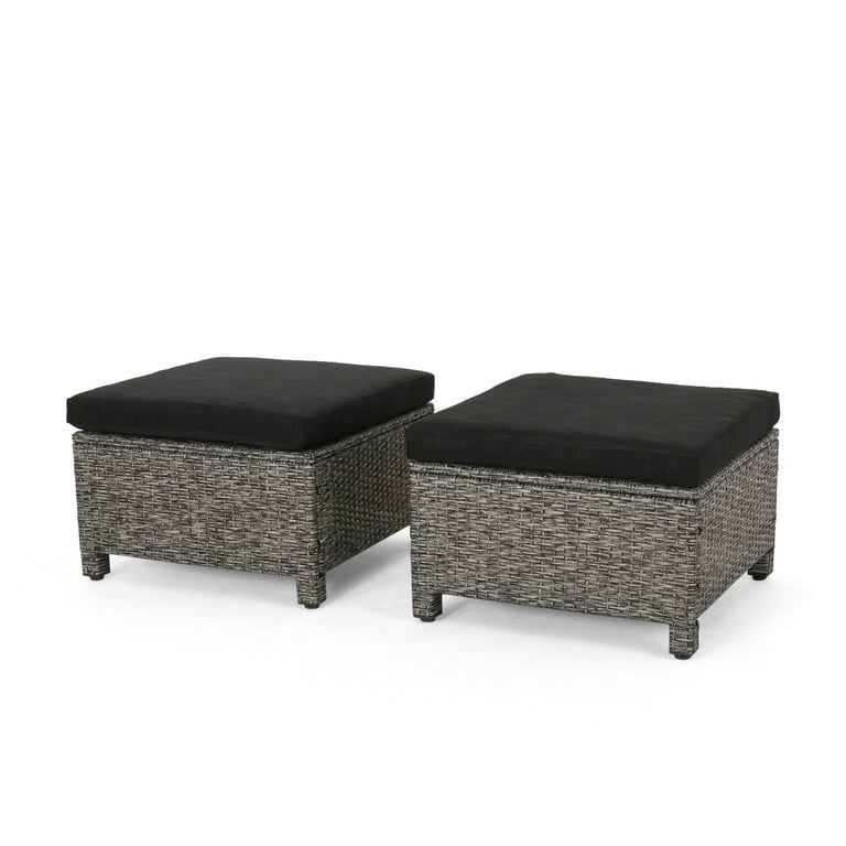 Cascada Wicker Outdoor Ottoman with Cushion Set of 2 Mixed Black and Dark Gray