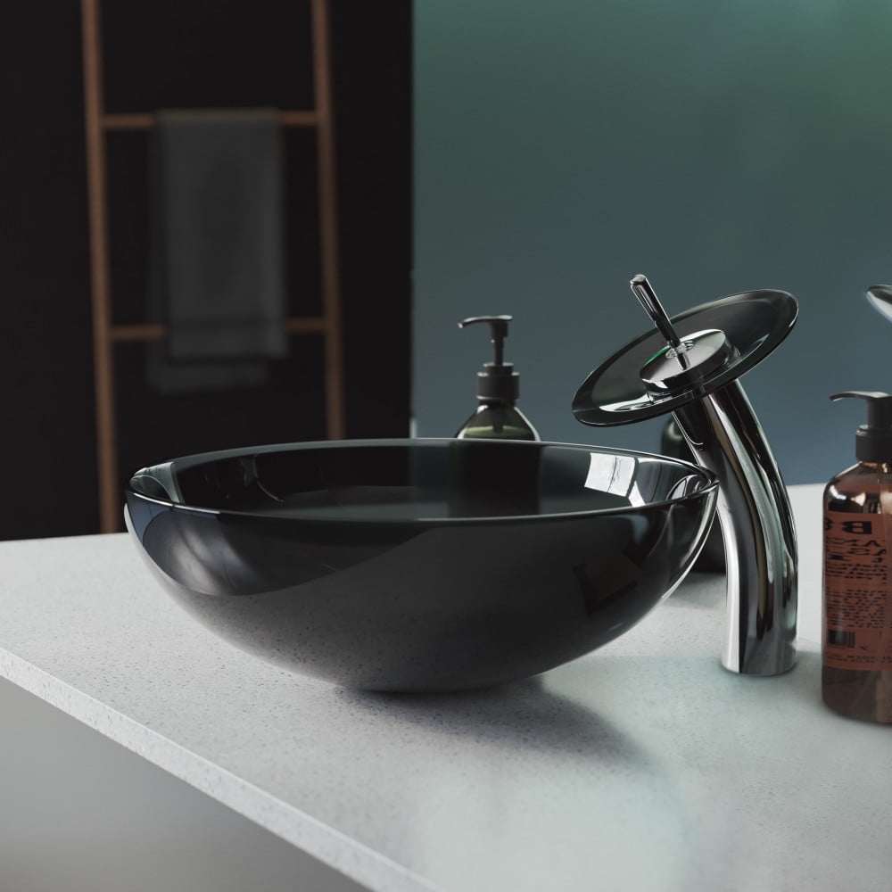Cascade Black Glass Above-Counter Vessel Sink with Faucet