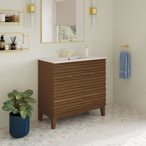 Cascade 30" Freestanding Bathroom Vanity in Brown Oak with 3-Hole Widespread Sink Top