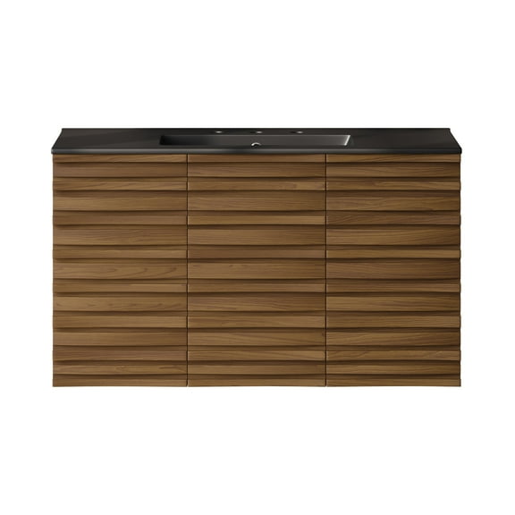 Cascade 36" Wall-Mounted Bathroom Vanity in Brown Oak with Black 3-Hole Widespread Sink Top