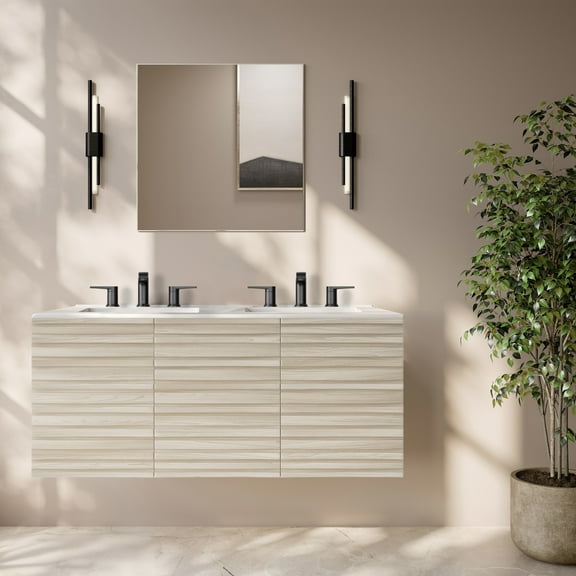 Cascade 48" Wall-Mounted Bathroom Vanity in White Oak with 3-Hole Widespread Double Basin Sink Top