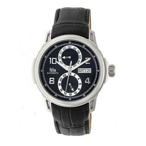 Cascade Automatic Leather-Band Watch W/Day/Date - Silver/Black