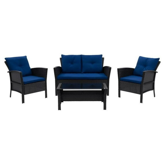 Cascade Black Wicker / Rattan Frame 4 Piece Patio Set with Navy Blue Cushions