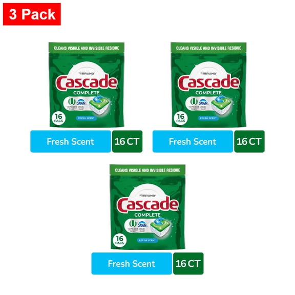 Cascade Complete Dishwasher Pods, Dishwasher Detergent, Dish Detergent Soap, Fresh 16 ct - 3 Pack