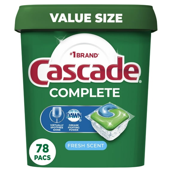 Cascade Complete Dishwasher Pods - Fresh Scent ActionPacs, Dishwasher Detergent, Dishwasher Soap, Detergent Pods, 78 Count