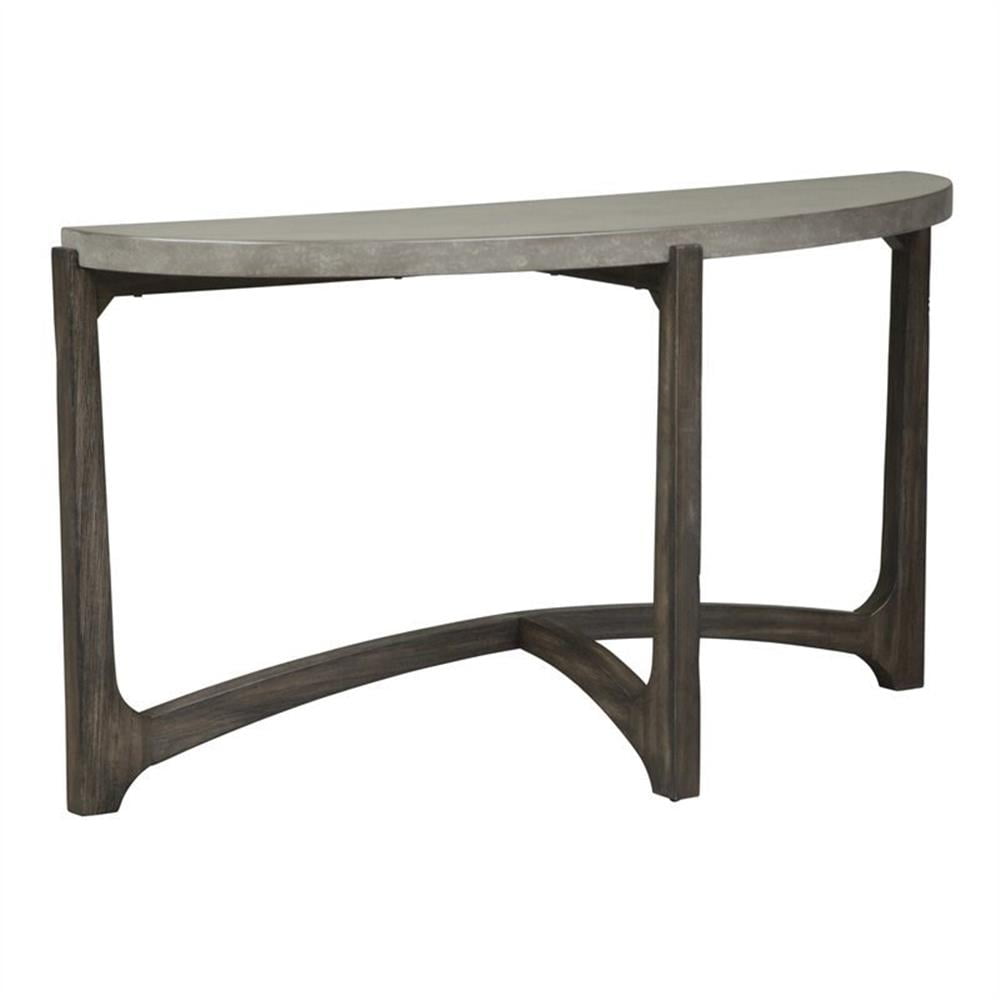 Cascade Dark Brown Wood and Concrete Demilune Sofa Table