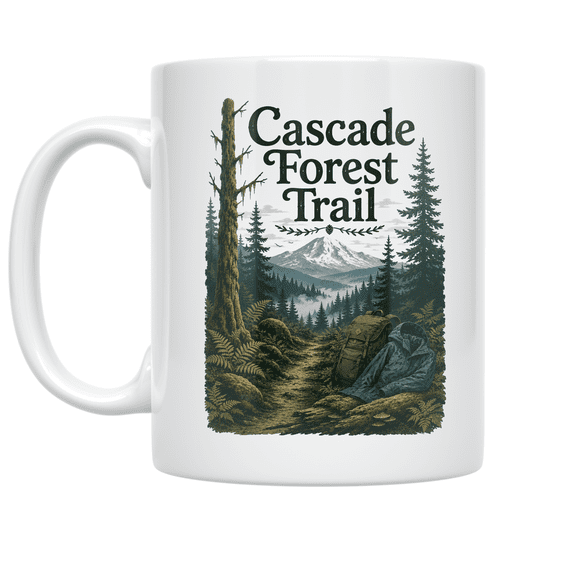 Cascade Forest Trail Landscape Design - Pacific Northwest Hiker - 11 oz Ceramic Coffee Mug