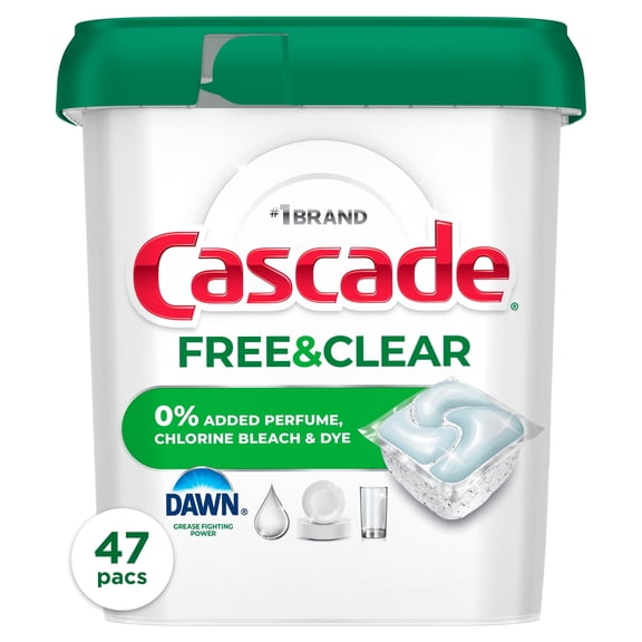 Cascade Free & Clear Dishwasher Pods, Dish Detergent Soap, Unscented, 47 Count
