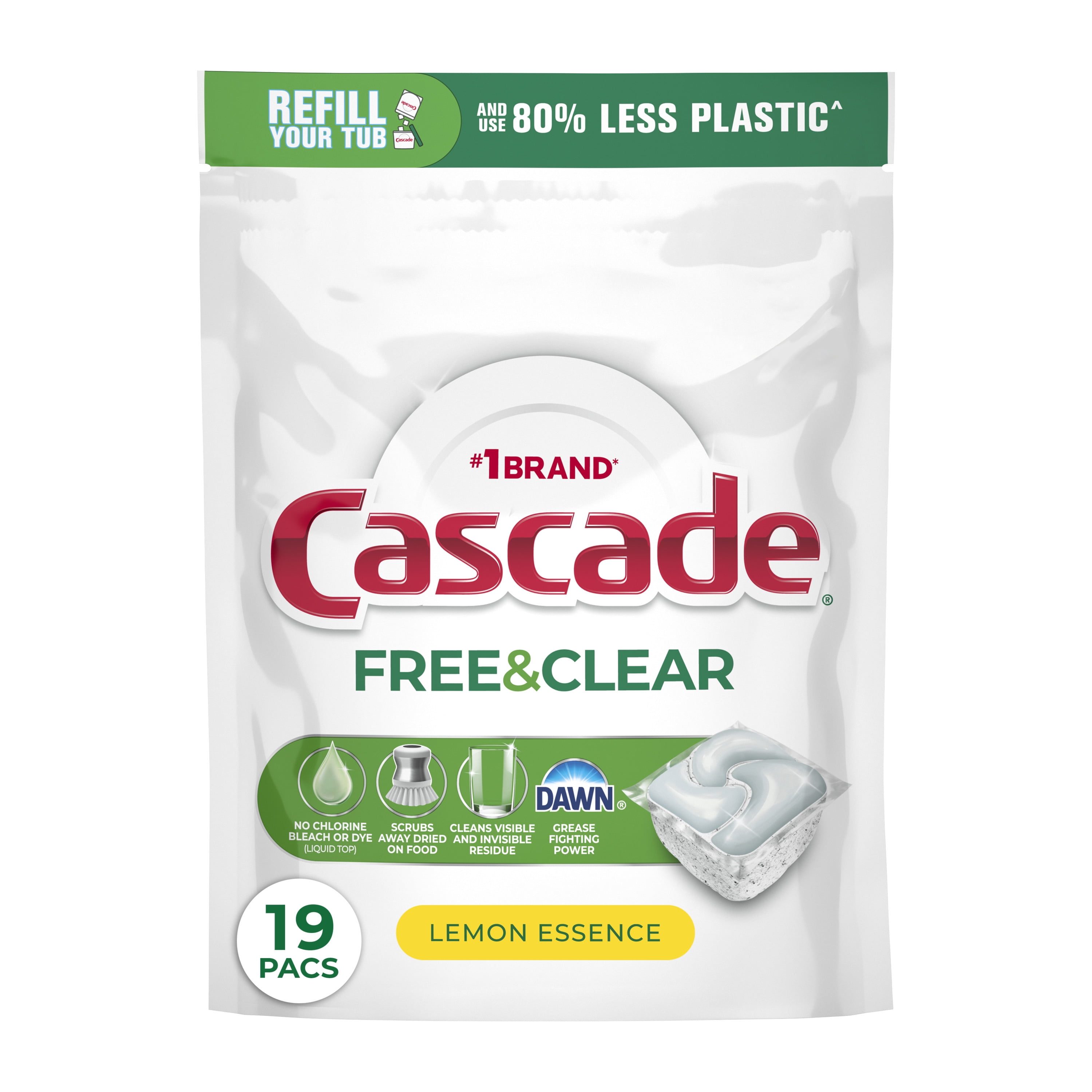 Cascade Free & Clear Dishwasher Pods, Dishwasher Detergent Packs, Detergent Tabs, Lemon, 19 Count