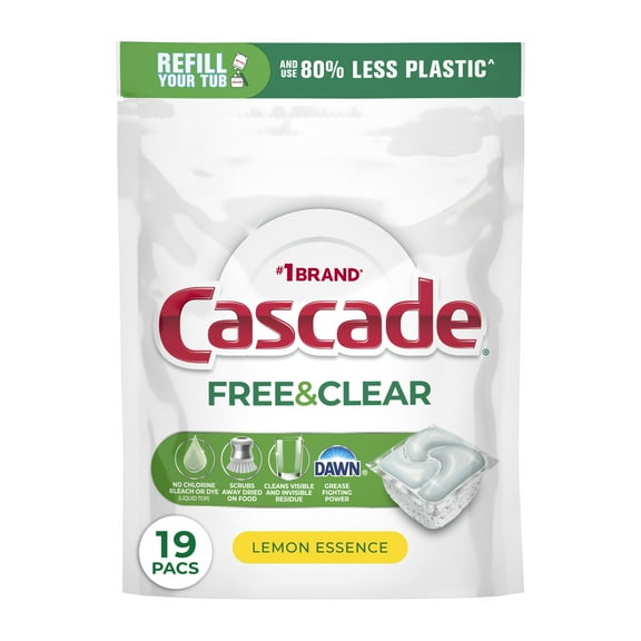Cascade Free & Clear Dishwasher Pods, Dishwasher Detergent Packs, Detergent Tabs, Lemon, 19 Count
