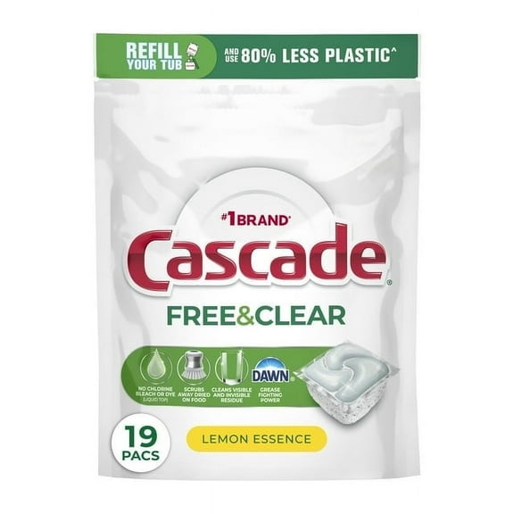 Cascade Free & Clear Dishwasher Pods, Dishwasher Detergent, Dish Detergent Soap, Lemon Essence, (2 Pack of 19 Count)