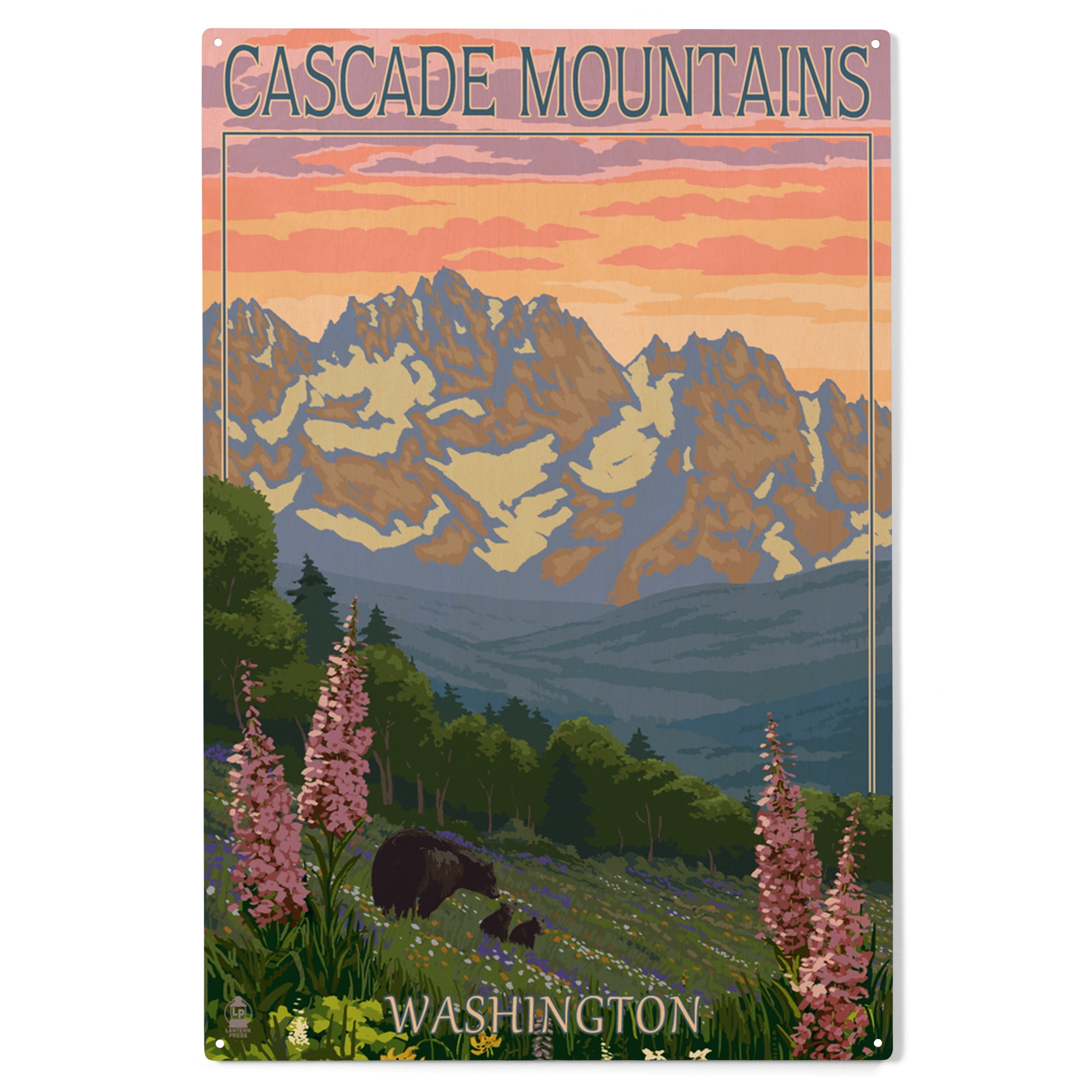 Cascade Mountains, Washington, Bears and Spring Flowers Birch Wood Wall ...