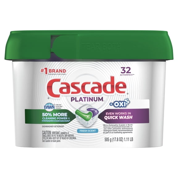 Cascade Platinum + Oxi Dishwasher Pods, ActionPacs Dishwasher Detergent Tabs, Fresh Scent, 32 Count