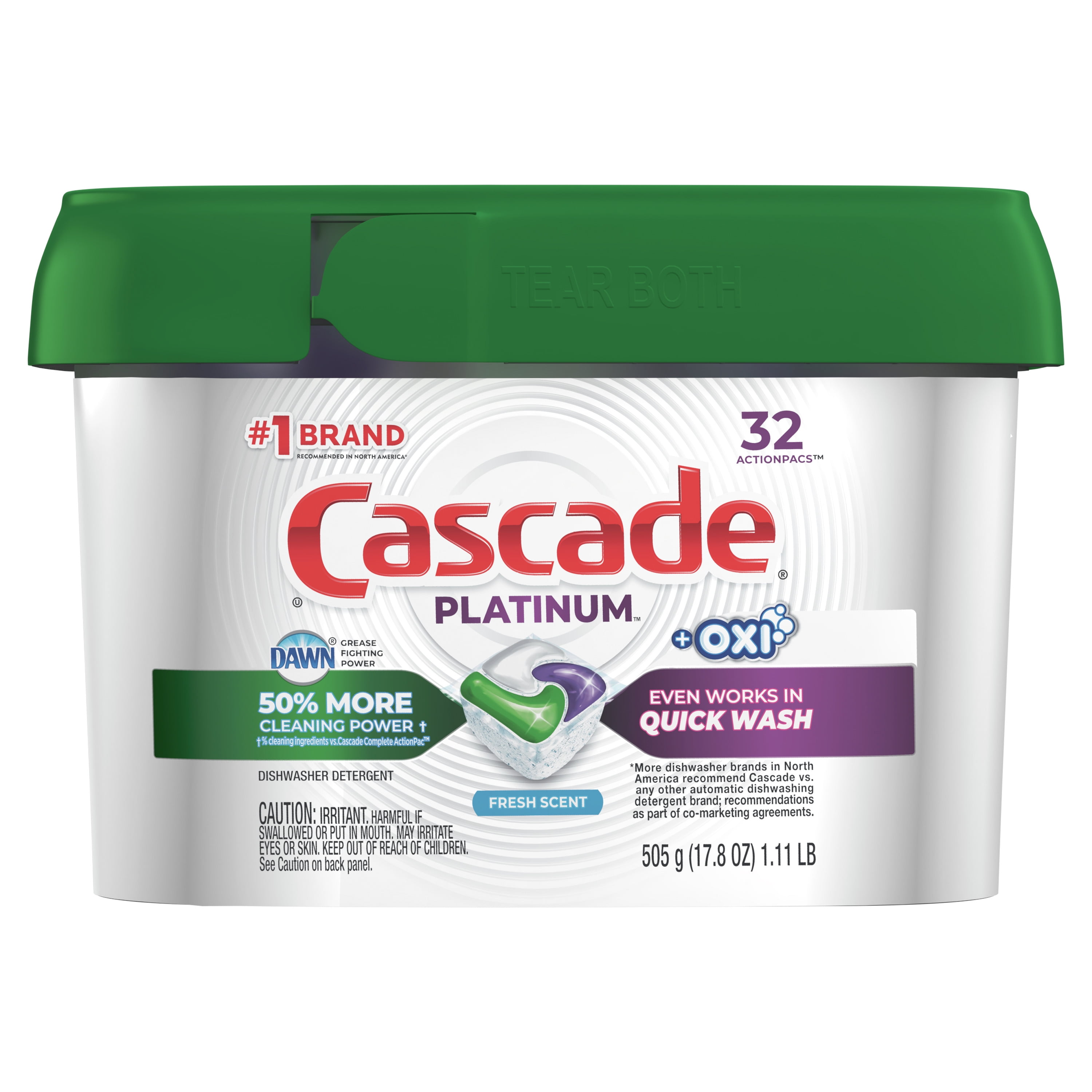 Cascade Platinum + Oxi Dishwasher Pods, ActionPacs Dishwasher Detergent Tabs, Fresh Scent, 32 Count