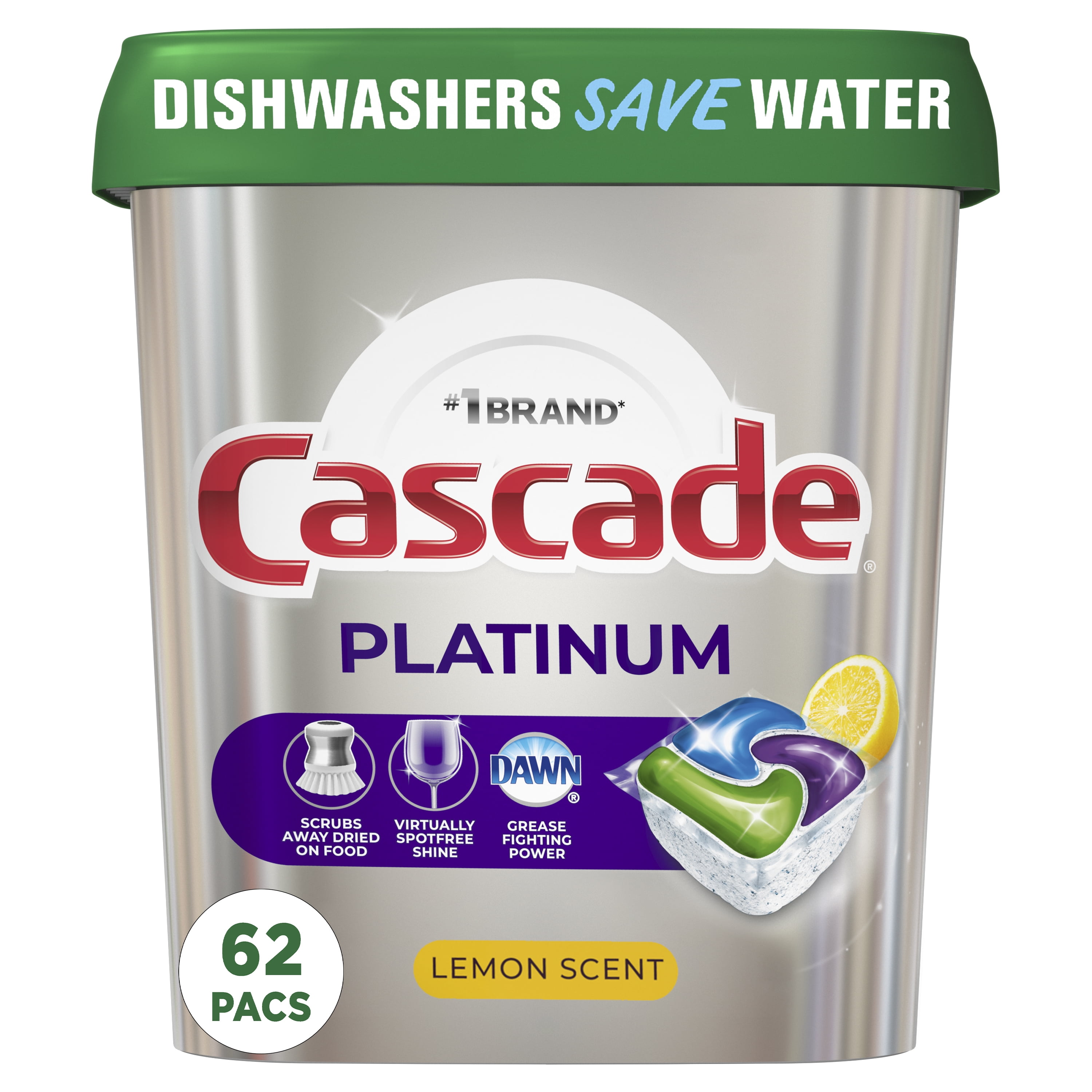 Cascade Platinum Dishwasher Pods, Action Pacs Dishwasher Detergent, Dishwasher Tabs, Lemon, 62 Count