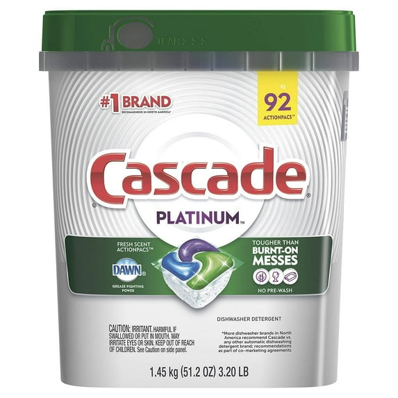 Cascade Platinum Dishwasher Detergent, 16X Strength With Dawn Grease Fighting Power, Fresh Scent (92 Count)