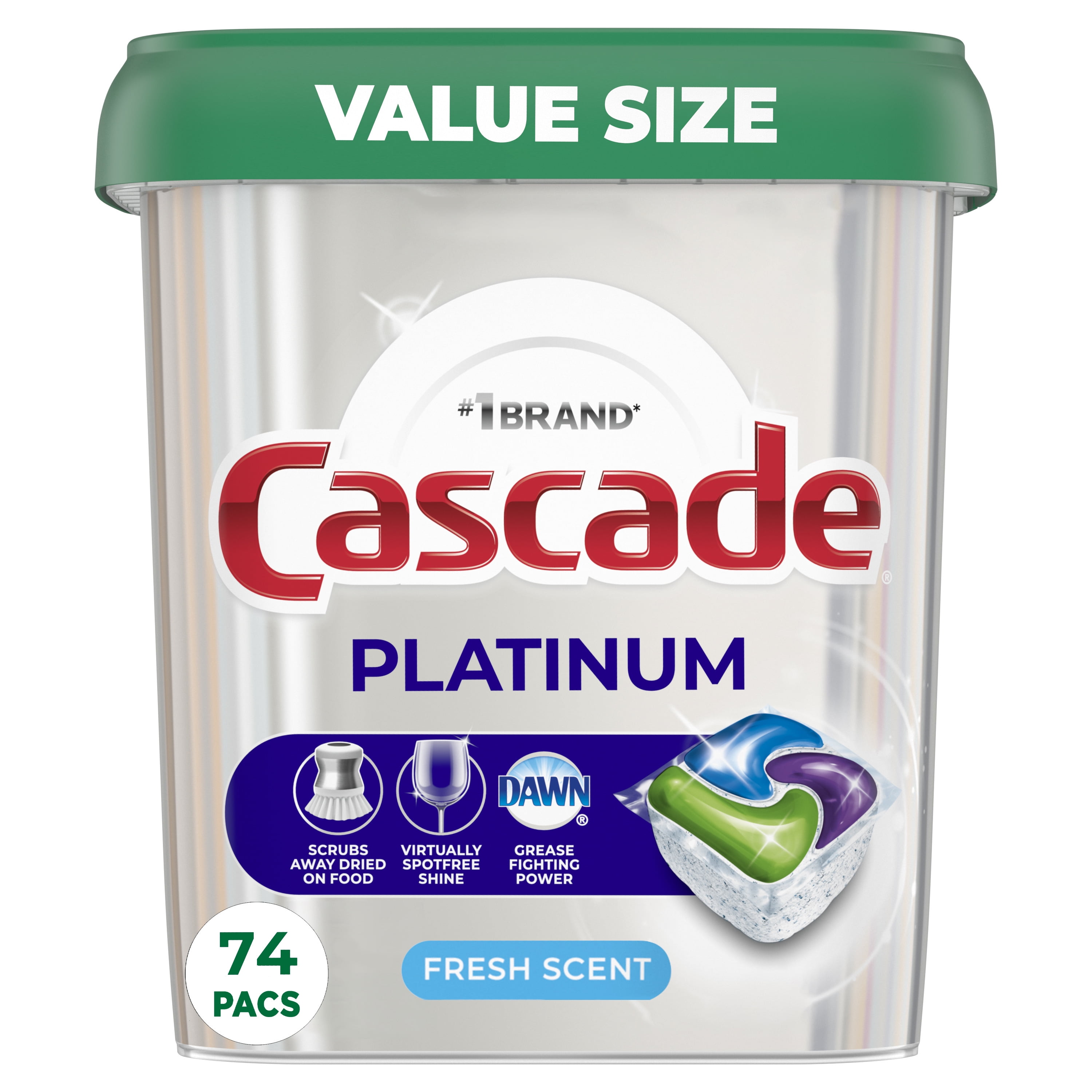 Cascade Platinum Dishwasher Pods, Action Pacs Dishwasher Detergent, Dishwasher Tabs, Fresh, 74 Count