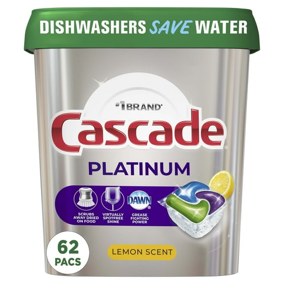Cascade Platinum Dishwasher Pods, Action Pacs Dishwasher Detergent, Dishwasher Tabs, Lemon, 62 Count
