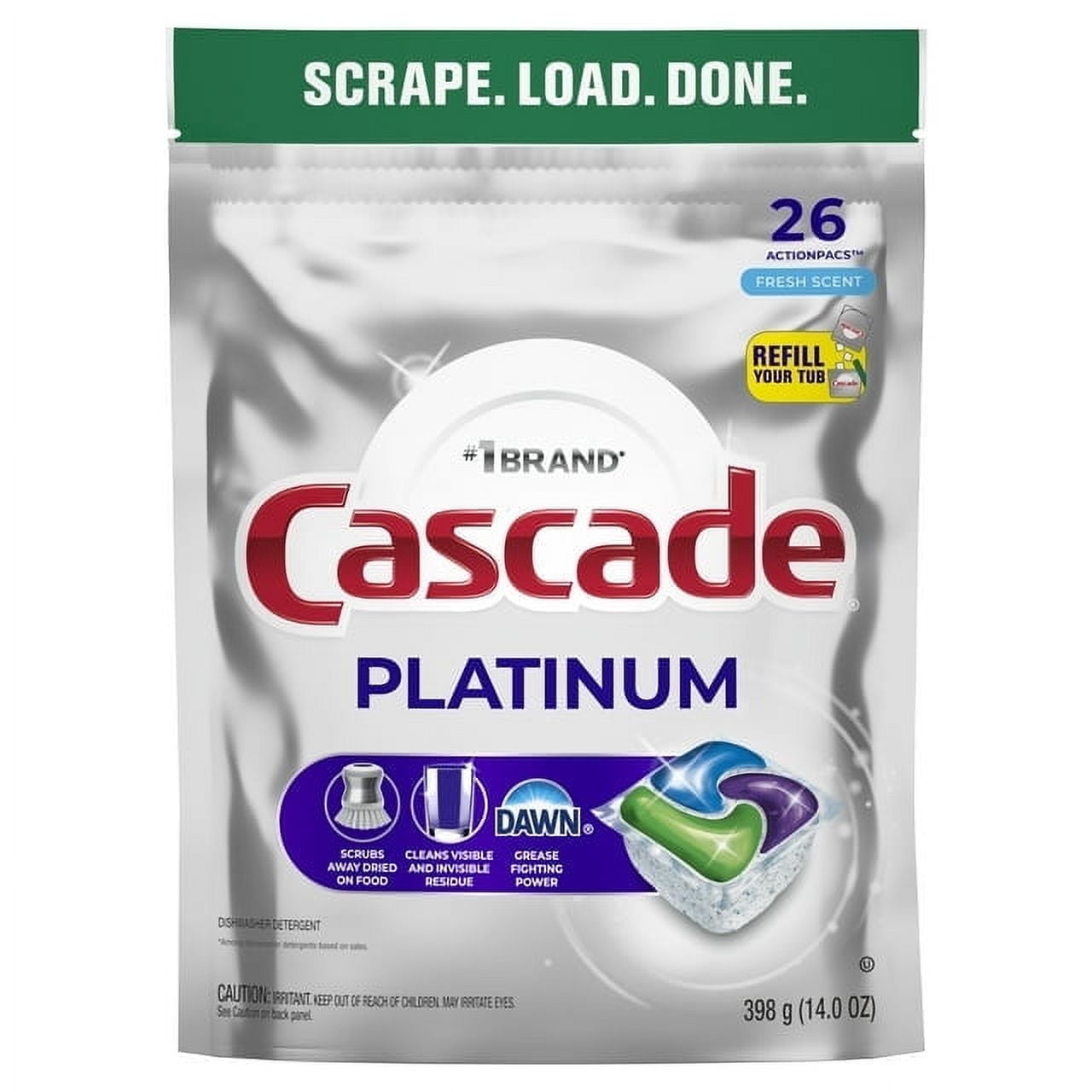 Cascade Platinum Dishwasher Pods, Action Pacs Dishwasher Detergent Tabs, Fresh, 26 Count (2 Pack)