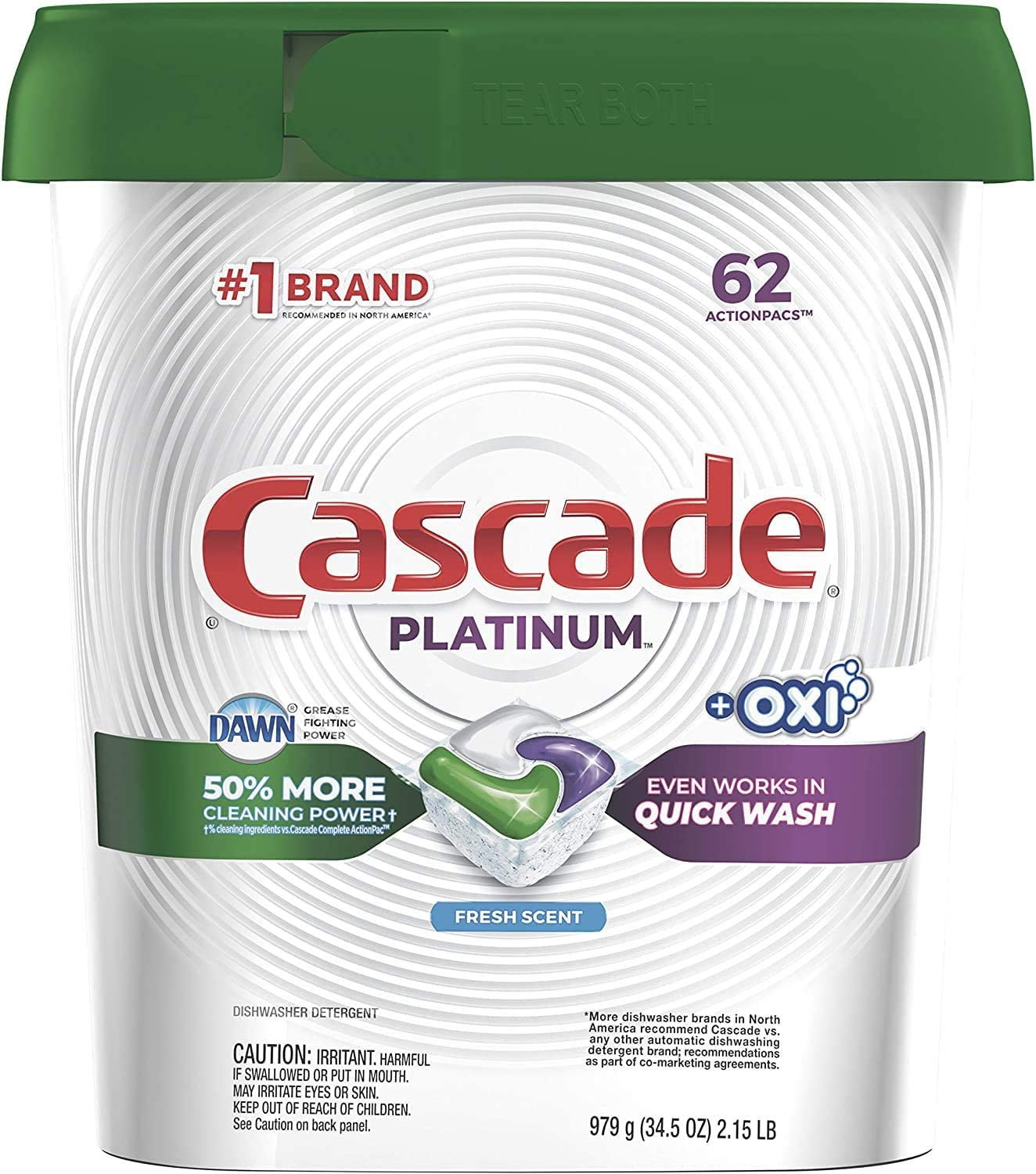 Cascade Platinum Dishwasher Detergent, Fresh Scent, ActionPacs - 62 actionpacs, 979 g