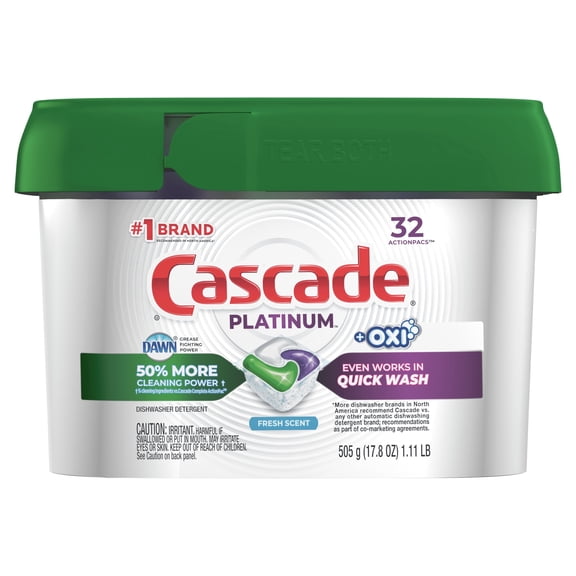 Cascade Platinum + Oxi Dishwasher Pods, ActionPacs Dishwasher Detergent Tabs, Fresh Scent, 32 Count