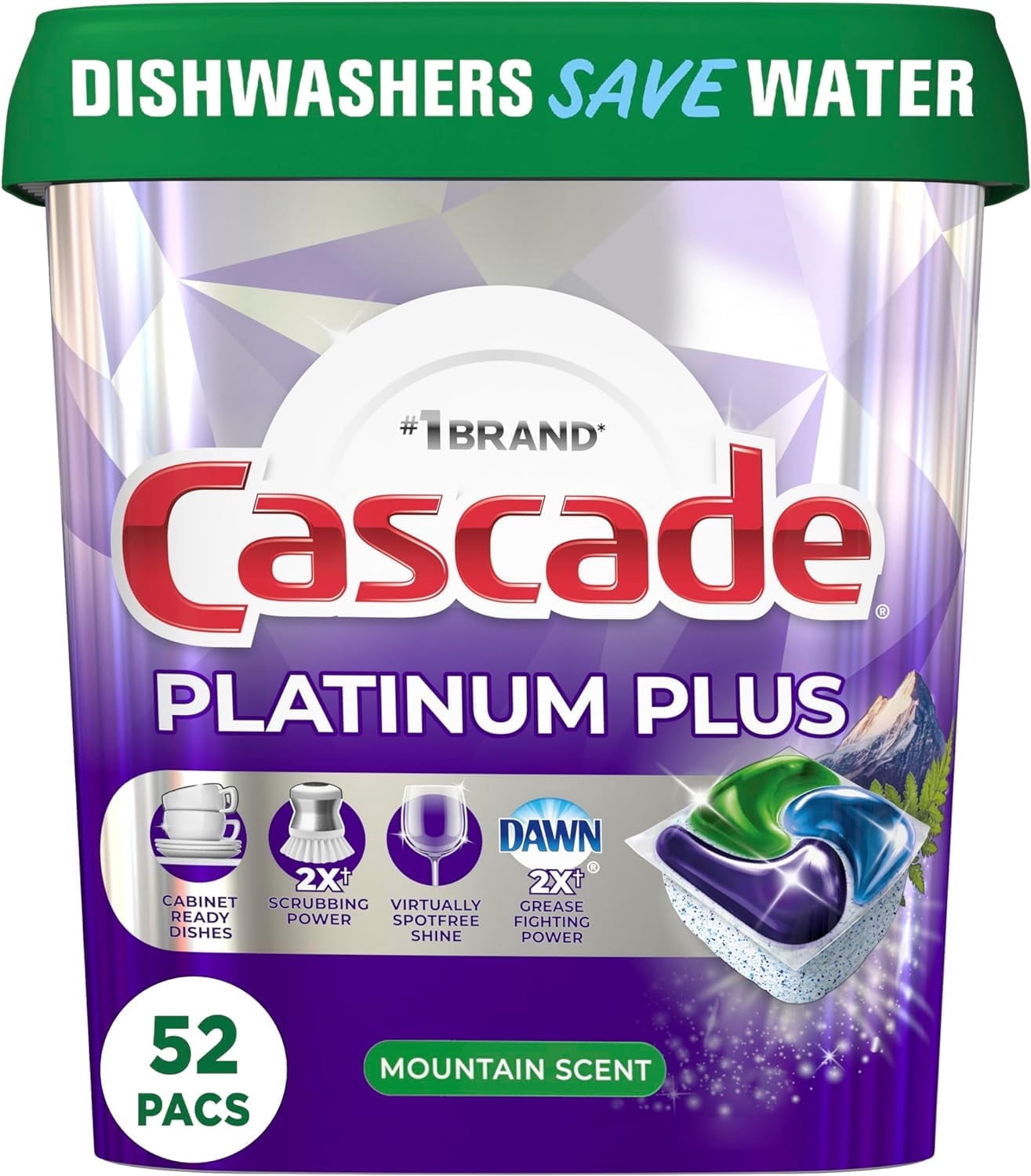 Cascade Platinum Plus ActionPacs Dishwasher Detergent Pods, Mountain, 52 Count