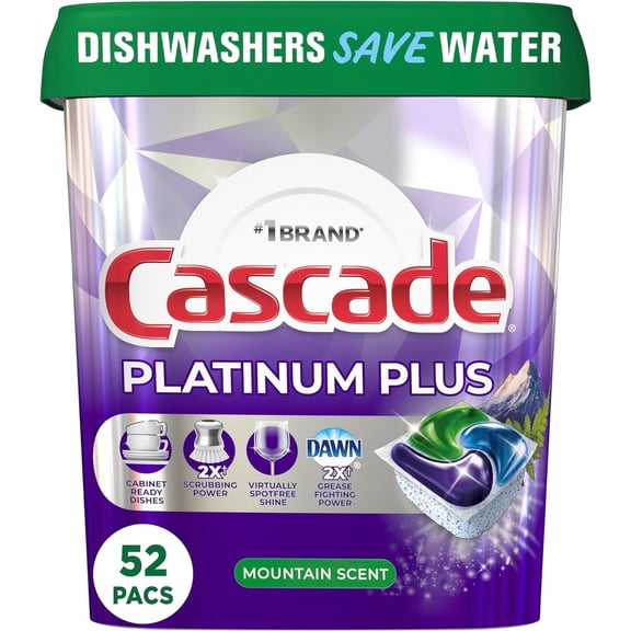 Cascade Platinum Plus ActionPacs Dishwasher Detergent Pods, Mountain, 52 Count