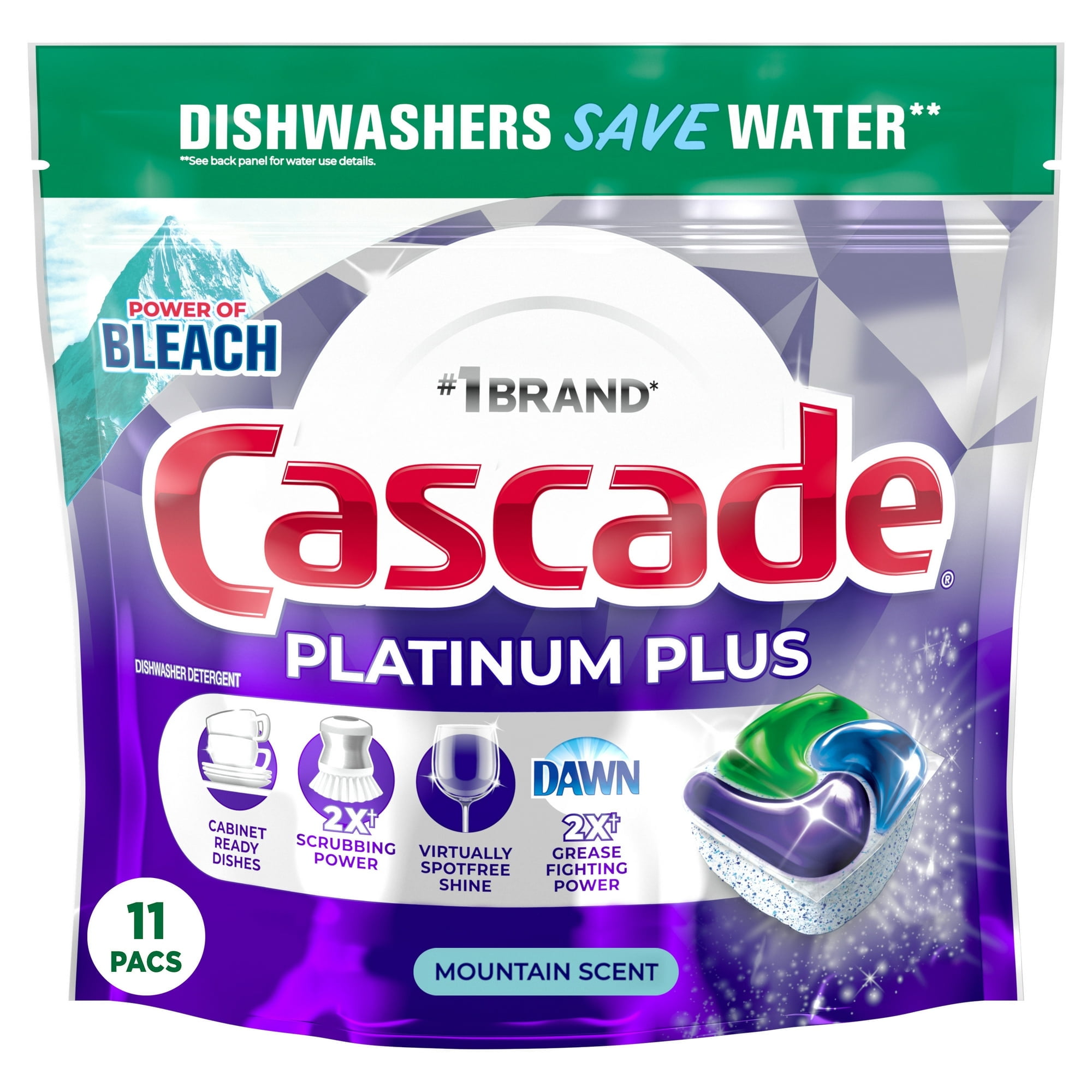 Cascade Platinum Plus Dishwasher Detergent Action Pacs, Fresh Mountain Scent, 11 Count (4 Packs)