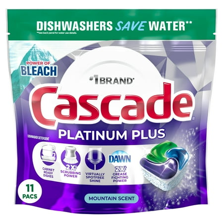 Cascade Platinum Plus Dishwasher Detergent Action Pacs, Fresh Mountain Scent, 11 Count (4 Packs)