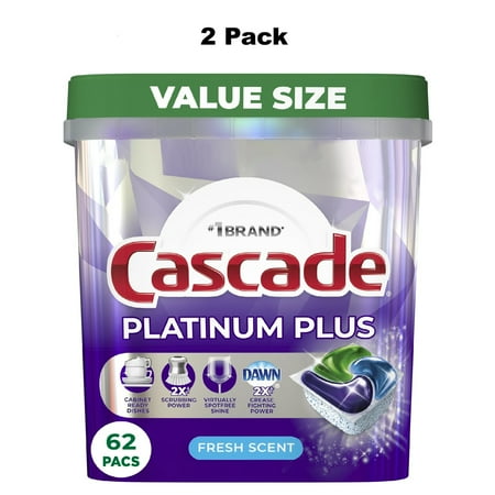 Cascade Platinum Plus Dishwasher Detergent Pacs, Fresh, 62 Count (2)