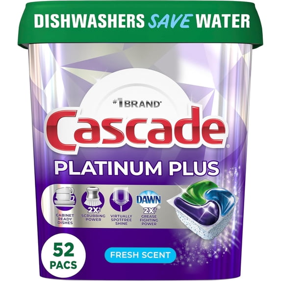 Cascade Platinum Plus Dishwasher Pod, Dish Detergent ActionPacs, Dishwasher Detergent, Fresh, 52 Count