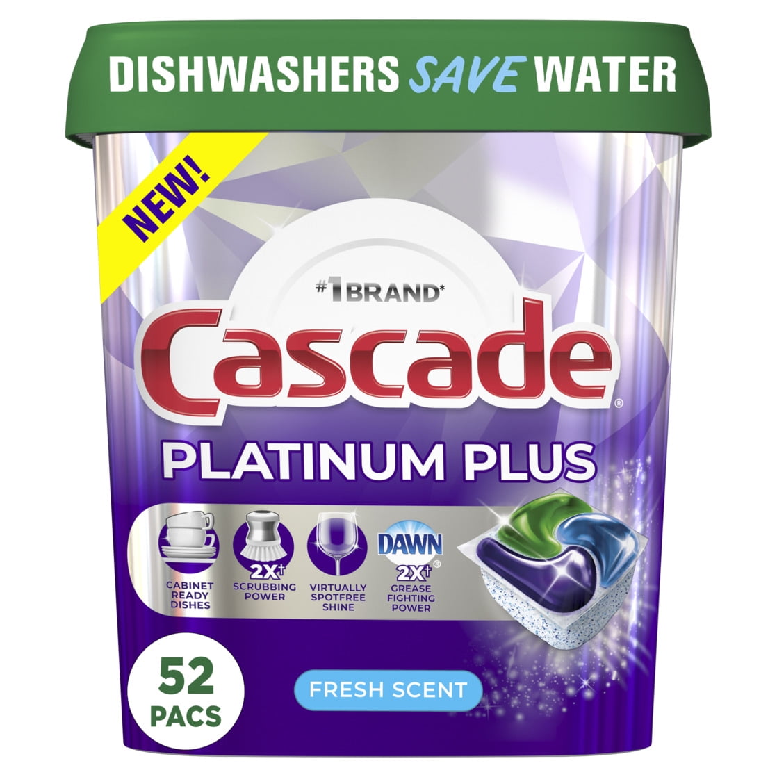 Cascade Platinum Plus Dishwasher Pods, Action Pacs Dishwasher Detergent Tabs, Fresh, 52 Count