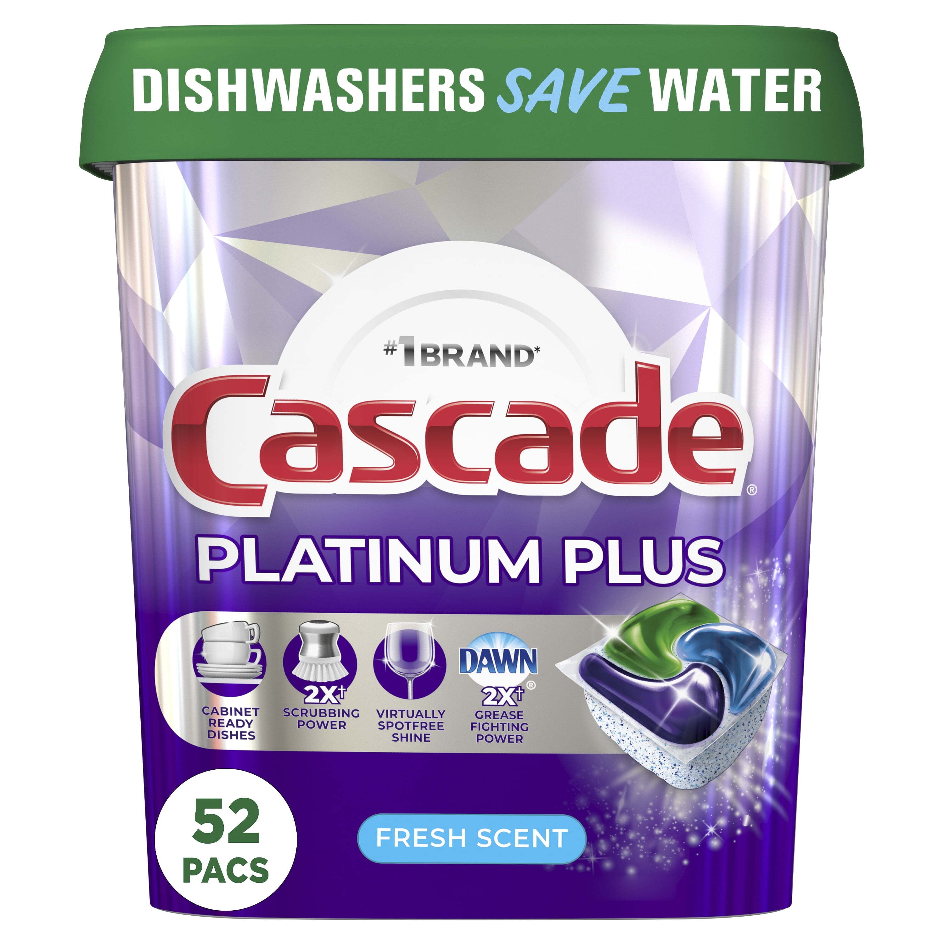 Cascade Platinum Plus Dishwasher Pods, Action Pacs Dishwasher Detergent Tabs, Fresh, 52 Count