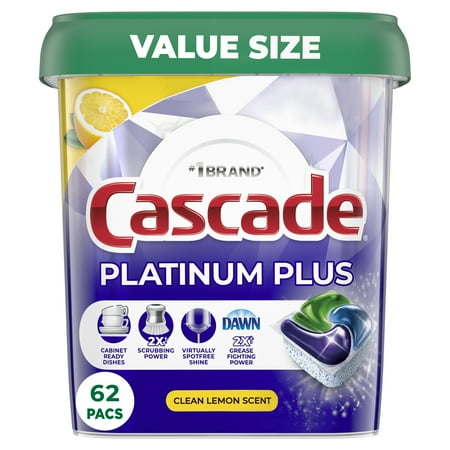 Cascade Platinum Plus Dishwasher Pods, Action Pacs Dishwasher Detergent Tabs, Lemon, 62 Count