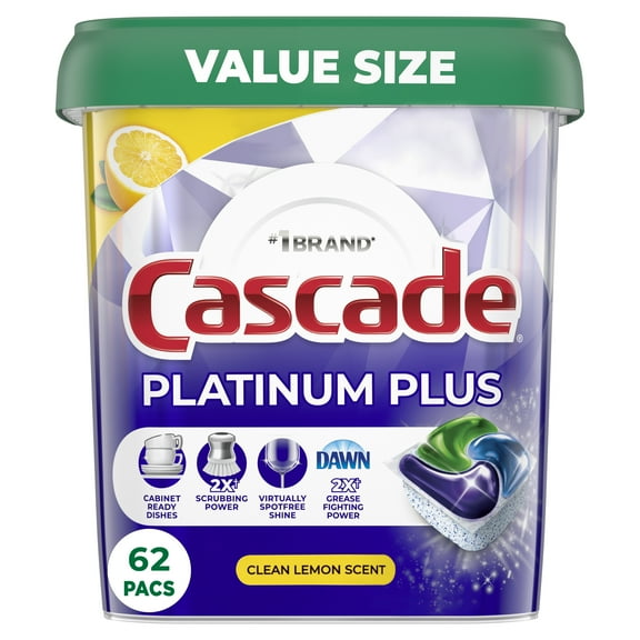 Cascade Platinum Plus Dishwasher Pods, Action Pacs Dishwasher Detergent Tabs, Lemon, 62 Count