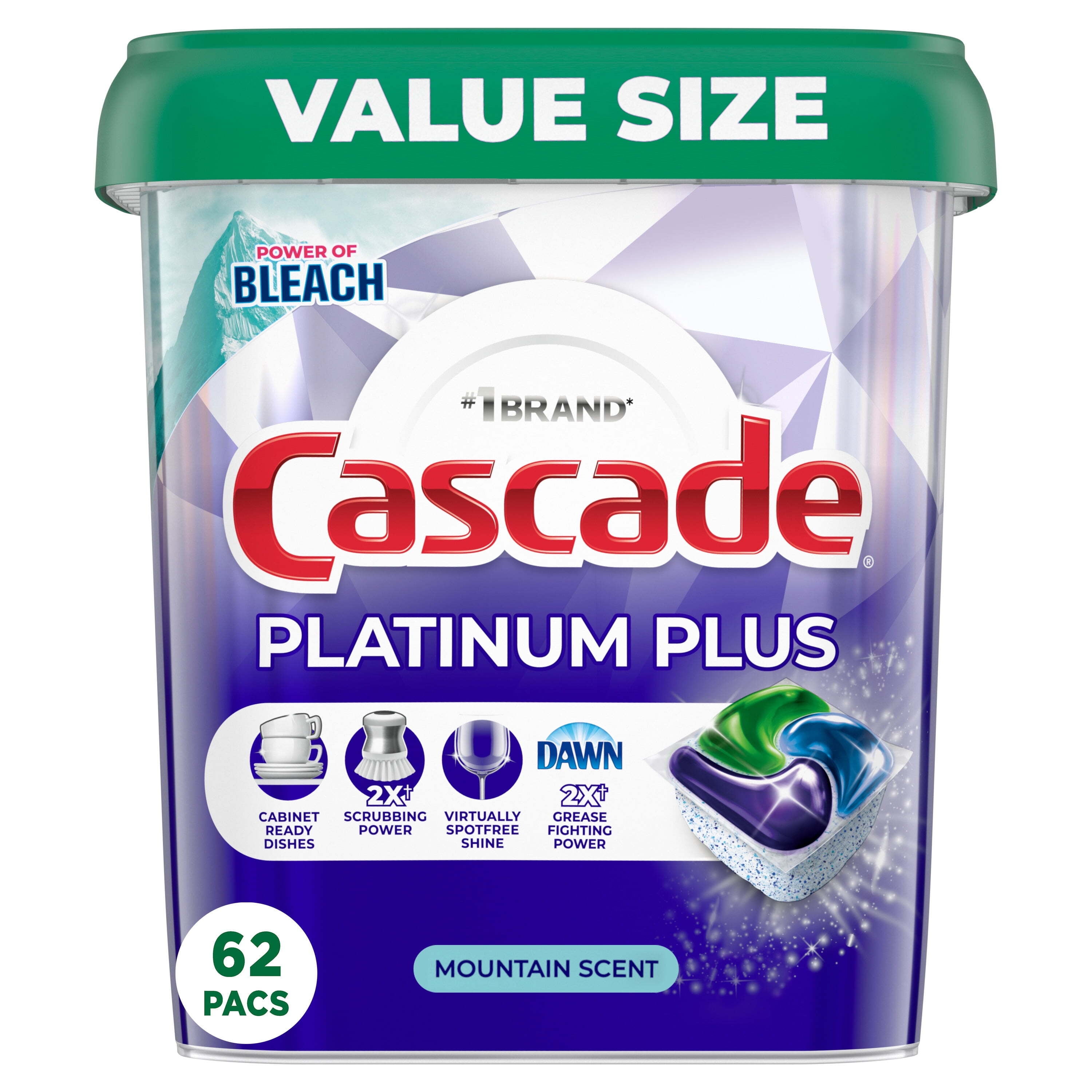 Cascade Platinum Plus Dishwasher Pods, Action Pacs Dishwasher Detergent Tabs, Mountain, 62 Count