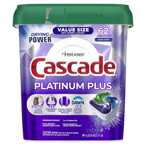 Cascade Platinum Plus Dishwasher Pods, Dish Detergent Soap, Clean Scent, 62 Count