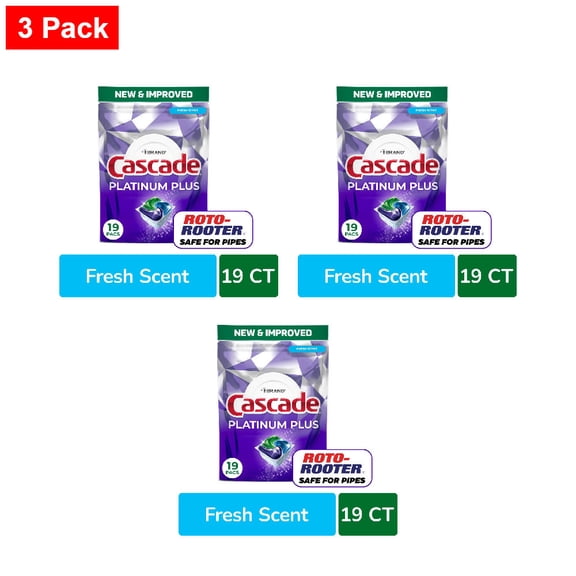 Cascade Platinum Plus Dishwasher Pods Dishwasher Detergent Dish Detergent Soap Fresh 19 ct - 3 Pack