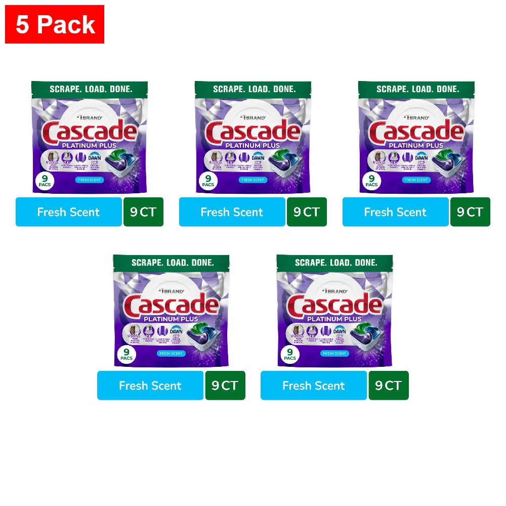 Cascade Platinum Plus Dishwasher Pods Dishwasher Detergent Dish Detergent Soap Fresh 9 ct - 5 Pack